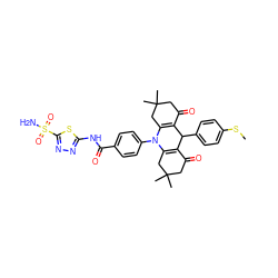 CSc1ccc(C2C3=C(CC(C)(C)CC3=O)N(c3ccc(C(=O)Nc4nnc(S(N)(=O)=O)s4)cc3)C3=C2C(=O)CC(C)(C)C3)cc1 ZINC000653893448