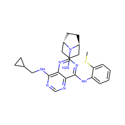 CSc1ccccc1Nc1nc(N2[C@H]3CC[C@H]2CC(N)C3)nc2c(NCC3CC3)ncnc12 ZINC000101518763