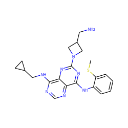 CSc1ccccc1Nc1nc(N2CC(CN)C2)nc2c(NCC3CC3)ncnc12 ZINC000084596499