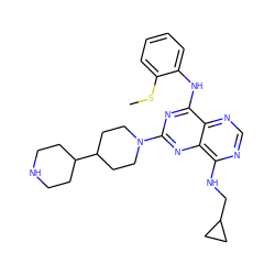 CSc1ccccc1Nc1nc(N2CCC(C3CCNCC3)CC2)nc2c(NCC3CC3)ncnc12 ZINC000084654289