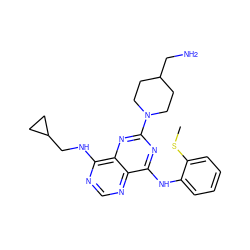 CSc1ccccc1Nc1nc(N2CCC(CN)CC2)nc2c(NCC3CC3)ncnc12 ZINC000084596497