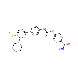 CSc1cnc(-c2ccc(NC(=O)Nc3ccc(C(N)=O)cc3)cc2)nc1N1CCOCC1 ZINC000205770883