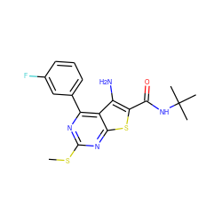 CSc1nc(-c2cccc(F)c2)c2c(N)c(C(=O)NC(C)(C)C)sc2n1 ZINC000038157697