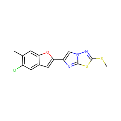 CSc1nn2cc(-c3cc4cc(Cl)c(C)cc4o3)nc2s1 ZINC000653754879