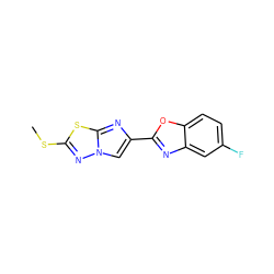 CSc1nn2cc(-c3nc4cc(F)ccc4o3)nc2s1 ZINC000653661105