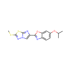 CSc1nn2cc(-c3nc4ccc(OC(C)C)cc4o3)nc2s1 ZINC000653764996