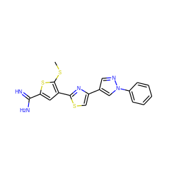 CSc1sc(C(=N)N)cc1-c1nc(-c2cnn(-c3ccccc3)c2)cs1 ZINC000026825237