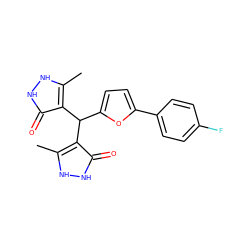 Cc1[nH][nH]c(=O)c1C(c1ccc(-c2ccc(F)cc2)o1)c1c(C)[nH][nH]c1=O ZINC000004147341