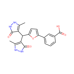 Cc1[nH][nH]c(=O)c1C(c1ccc(-c2cccc(C(=O)O)c2)o1)c1c(C)[nH][nH]c1=O ZINC000004540538