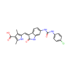 Cc1[nH]c(/C=C2\C(=O)Nc3cc(NC(=O)Nc4ccc(Cl)cc4)ccc32)c(C)c1C(=O)O ZINC000053296418