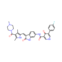 Cc1[nH]c(/C=C2\C(=O)Nc3cc(NC(=O)c4c[nH]cc(-c5ccc(F)cc5)c4=O)ccc32)c(C)c1C(=O)N1CCN(C)CC1 ZINC000205821490