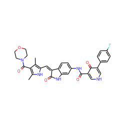 Cc1[nH]c(/C=C2\C(=O)Nc3cc(NC(=O)c4c[nH]cc(-c5ccc(F)cc5)c4=O)ccc32)c(C)c1C(=O)N1CCOCC1 ZINC000205819956