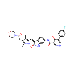 Cc1[nH]c(/C=C2\C(=O)Nc3cc(NC(=O)c4c[nH]cc(-c5ccc(F)cc5)c4=O)ccc32)c(C)c1CC(=O)N1CCOCC1 ZINC000205819985