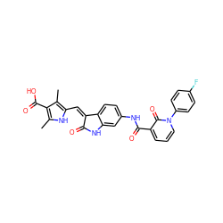 Cc1[nH]c(/C=C2\C(=O)Nc3cc(NC(=O)c4cccn(-c5ccc(F)cc5)c4=O)ccc32)c(C)c1C(=O)O ZINC000205825286