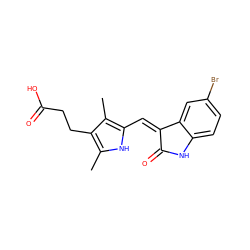 Cc1[nH]c(/C=C2\C(=O)Nc3ccc(Br)cc32)c(C)c1CCC(=O)O ZINC000003834033