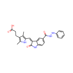 Cc1[nH]c(/C=C2\C(=O)Nc3ccc(C(=O)NNc4ccccc4)cc32)c(C)c1CCC(=O)O ZINC000040933403