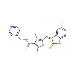 Cc1[nH]c(/C=C2\C(=O)Nc3ccc(F)cc32)c(C)c1C(=O)NCc1ccncc1 ZINC000013493836