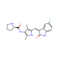 Cc1[nH]c(/C=C2\C(=O)Nc3ccc(F)cc32)c(C)c1NC(=O)[C@H]1CCCN1 ZINC001772597372