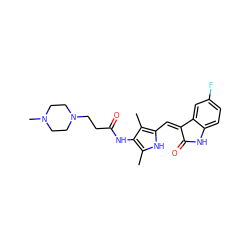 Cc1[nH]c(/C=C2\C(=O)Nc3ccc(F)cc32)c(C)c1NC(=O)CCN1CCN(C)CC1 ZINC000072318830