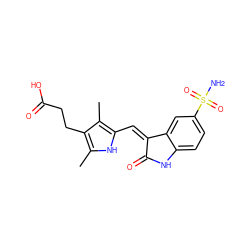 Cc1[nH]c(/C=C2\C(=O)Nc3ccc(S(N)(=O)=O)cc32)c(C)c1CCC(=O)O ZINC000003815541