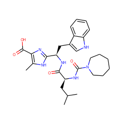 Cc1[nH]c([C@@H](Cc2c[nH]c3ccccc23)NC(=O)[C@H](CC(C)C)NC(=O)N2CCCCCC2)nc1C(=O)O ZINC000013746788