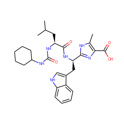 Cc1[nH]c([C@@H](Cc2c[nH]c3ccccc23)NC(=O)[C@H](CC(C)C)NC(=O)NC2CCCCC2)nc1C(=O)O ZINC000003811706