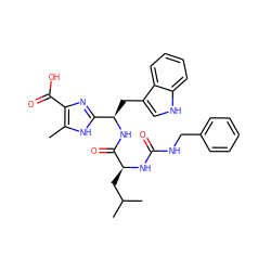 Cc1[nH]c([C@@H](Cc2c[nH]c3ccccc23)NC(=O)[C@H](CC(C)C)NC(=O)NCc2ccccc2)nc1C(=O)O ZINC000028110852