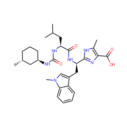 Cc1[nH]c([C@@H](Cc2cn(C)c3ccccc23)NC(=O)[C@H](CC(C)C)NC(=O)N[C@@H]2CCC[C@@H](C)C2)nc1C(=O)O ZINC000028014351