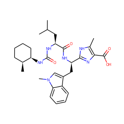 Cc1[nH]c([C@@H](Cc2cn(C)c3ccccc23)NC(=O)[C@H](CC(C)C)NC(=O)N[C@@H]2CCCC[C@@H]2C)nc1C(=O)O ZINC000028092412