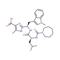 Cc1[nH]c([C@@H](Cc2cn(C)c3ccccc23)NC(=O)[C@H](CC(C)C)NC(=O)N2CCCCCC2)nc1C(=O)O ZINC000028086520