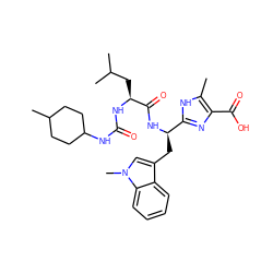 Cc1[nH]c([C@@H](Cc2cn(C)c3ccccc23)NC(=O)[C@H](CC(C)C)NC(=O)NC2CCC(C)CC2)nc1C(=O)O ZINC000028096270