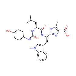 Cc1[nH]c([C@@H](Cc2cn(C)c3ccccc23)NC(=O)[C@H](CC(C)C)NC(=O)NC2CCC(O)CC2)nc1C(=O)O ZINC000028096339