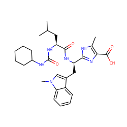 Cc1[nH]c([C@@H](Cc2cn(C)c3ccccc23)NC(=O)[C@H](CC(C)C)NC(=O)NC2CCCCC2)nc1C(=O)O ZINC000003935652