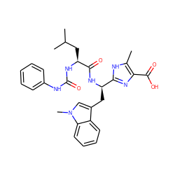 Cc1[nH]c([C@@H](Cc2cn(C)c3ccccc23)NC(=O)[C@H](CC(C)C)NC(=O)Nc2ccccc2)nc1C(=O)O ZINC000006142608