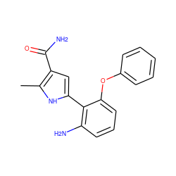 Cc1[nH]c(-c2c(N)cccc2Oc2ccccc2)cc1C(N)=O ZINC000220825910