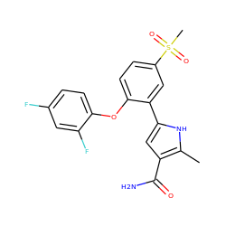 Cc1[nH]c(-c2cc(S(C)(=O)=O)ccc2Oc2ccc(F)cc2F)cc1C(N)=O ZINC001772647411