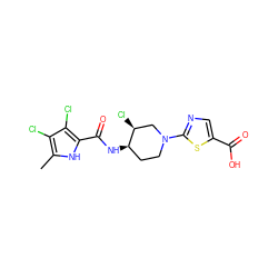 Cc1[nH]c(C(=O)N[C@@H]2CCN(c3ncc(C(=O)O)s3)C[C@@H]2Cl)c(Cl)c1Cl ZINC000224122180