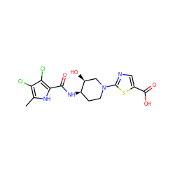 Cc1[nH]c(C(=O)N[C@@H]2CCN(c3ncc(C(=O)O)s3)C[C@@H]2O)c(Cl)c1Cl ZINC000141037806