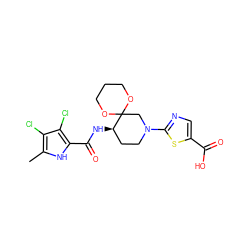 Cc1[nH]c(C(=O)N[C@@H]2CCN(c3ncc(C(=O)O)s3)CC23OCCCO3)c(Cl)c1Cl ZINC000299833924