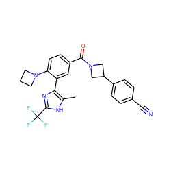 Cc1[nH]c(C(F)(F)F)nc1-c1cc(C(=O)N2CC(c3ccc(C#N)cc3)C2)ccc1N1CCC1 ZINC000220788978