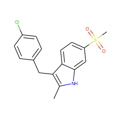 Cc1[nH]c2cc(S(C)(=O)=O)ccc2c1Cc1ccc(Cl)cc1 ZINC000028375511