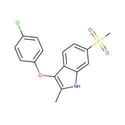 Cc1[nH]c2cc(S(C)(=O)=O)ccc2c1Oc1ccc(Cl)cc1 ZINC000028382512