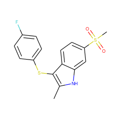 Cc1[nH]c2cc(S(C)(=O)=O)ccc2c1Sc1ccc(F)cc1 ZINC000028379482