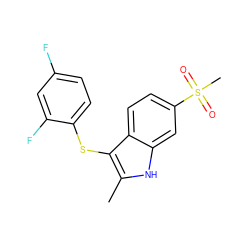 Cc1[nH]c2cc(S(C)(=O)=O)ccc2c1Sc1ccc(F)cc1F ZINC000028382184