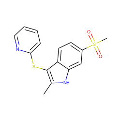 Cc1[nH]c2cc(S(C)(=O)=O)ccc2c1Sc1ccccn1 ZINC000028357514