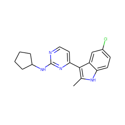 Cc1[nH]c2ccc(Cl)cc2c1-c1ccnc(NC2CCCC2)n1 ZINC000072109159