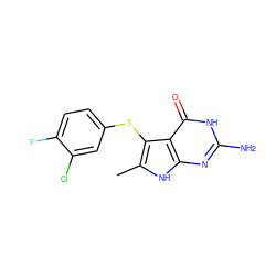 Cc1[nH]c2nc(N)[nH]c(=O)c2c1Sc1ccc(F)c(Cl)c1 ZINC000084796189