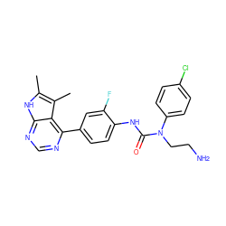 Cc1[nH]c2ncnc(-c3ccc(NC(=O)N(CCN)c4ccc(Cl)cc4)c(F)c3)c2c1C ZINC000299864814