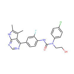 Cc1[nH]c2ncnc(-c3ccc(NC(=O)N(CCO)c4ccc(Cl)cc4)c(F)c3)c2c1C ZINC000299864387