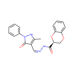 Cc1[nH]n(-c2ccccc2)c(=O)c1/C=N\NC(=O)[C@@H]1COc2ccccc2O1 ZINC000169325490